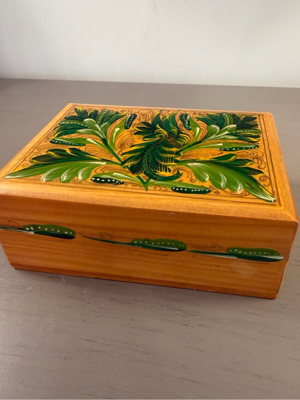 Wood Box Hand Painted Foliage Rectangle Vintage Trinket Jewelry Storage Glossy
